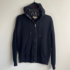 Navy Burberry men’s zip front hoodie with silver hardware in XL